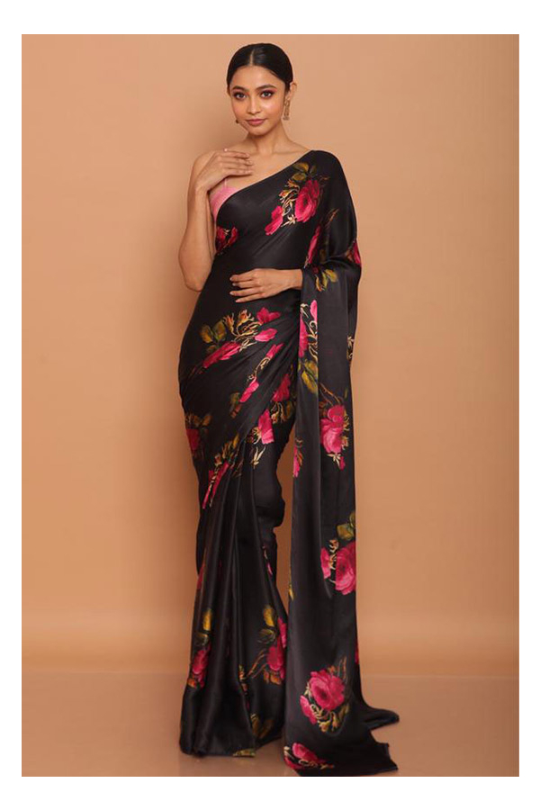 Peach Satin Printed Saree with Digital Floral Motifs - SAEG2076...