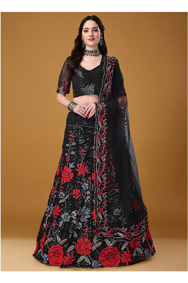 Art Silk Embroidery Lehenga Choli In Black And Orange Colour - LD3880548