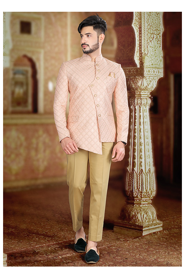 Peach Embroidered Bandhgala Set with Formal Trouser | Ethnic Wear for Men –  Laromani
