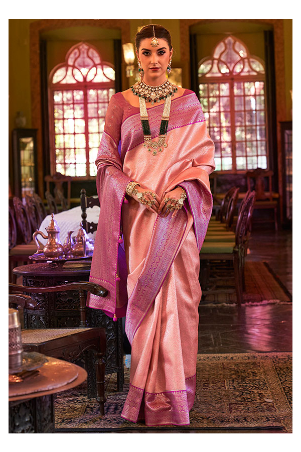 Dazzling Peach Kanjivaram Silk Saree With Glittering Blouse Piece –  LajreeDesigner