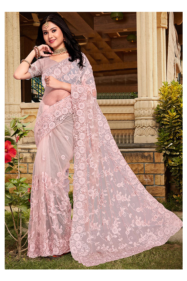 Blush Pink Net Embroidered Saree