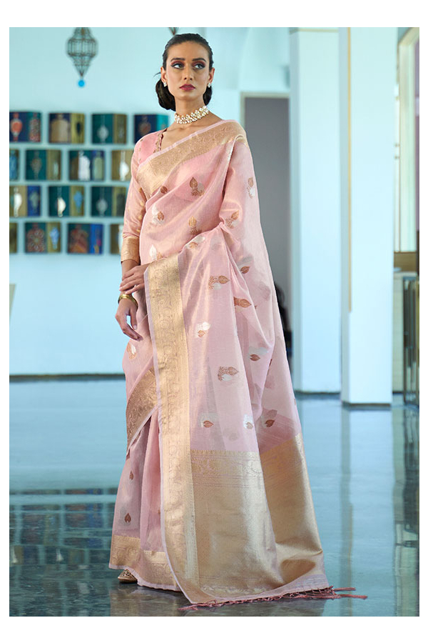 Peach Organza Silk Saree with Sequins, Zari and Thread Embroidery  -manmohitfashion.com – ManMohit Fashion