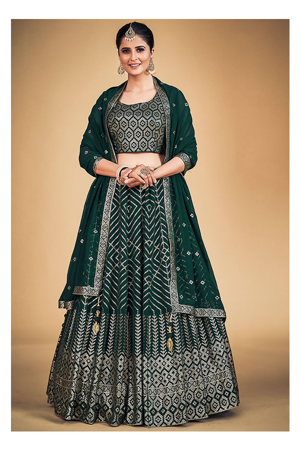 Buy Bottle Green Sequins Raw Silk Wedding Lehenga Choli With Dupatta Online  from EthnicPlus for ₹3299