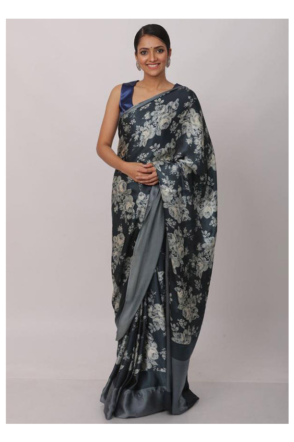 Blue Party Wear Satin Saree With Prints