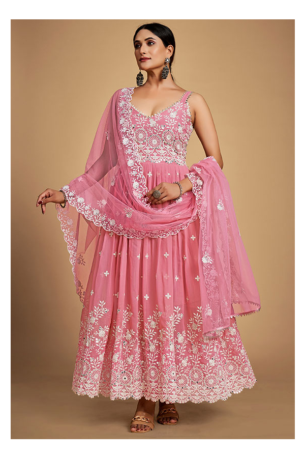 Pink Sequined Readymade Georgette Anarkali Suit