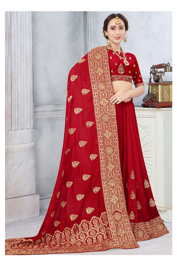 2085 - Red Saree with Blouse Piece Women's Heavy Embroidery Work Saree