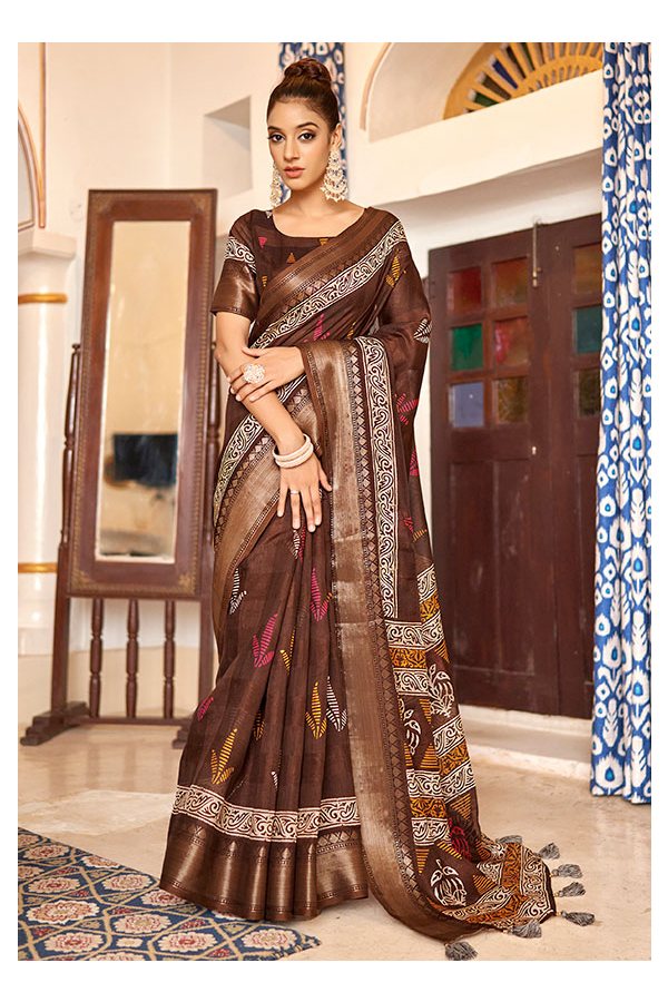 Buy Coffee Brown and Red Designer Traditional Saree For Casual Online