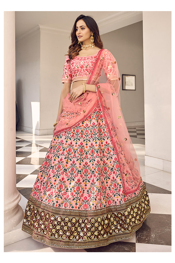 Coral Pink Embroidered Art Silk Lehenga Choli