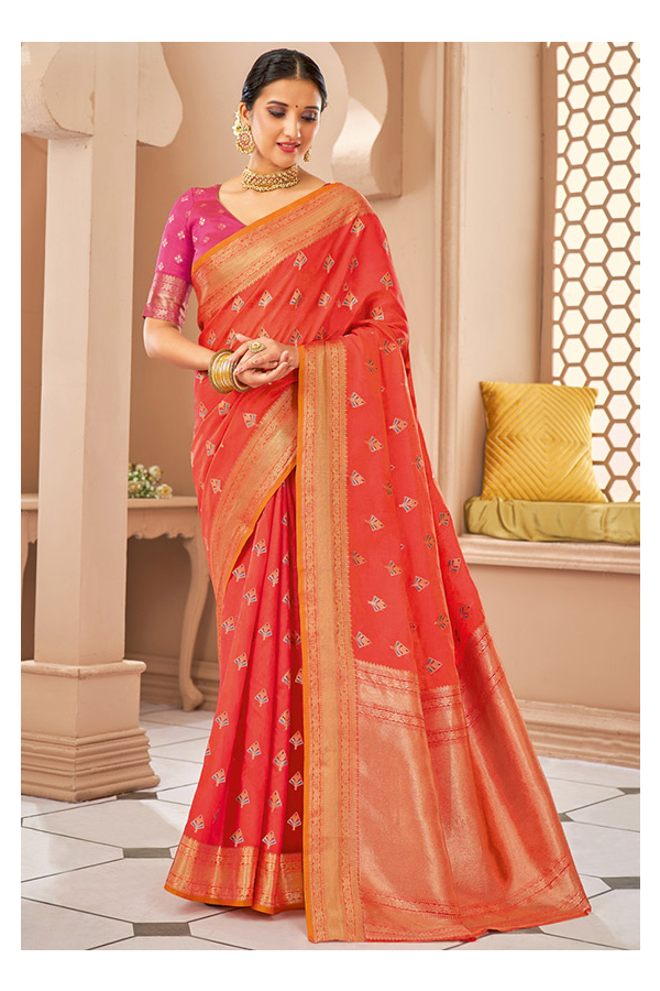 Party Wear Silk Saree Orange Colour with Matching Blouse