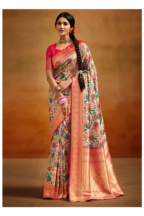 Buy Cream & Red Banarasi Silk Saree With Blouse online-Karagiri