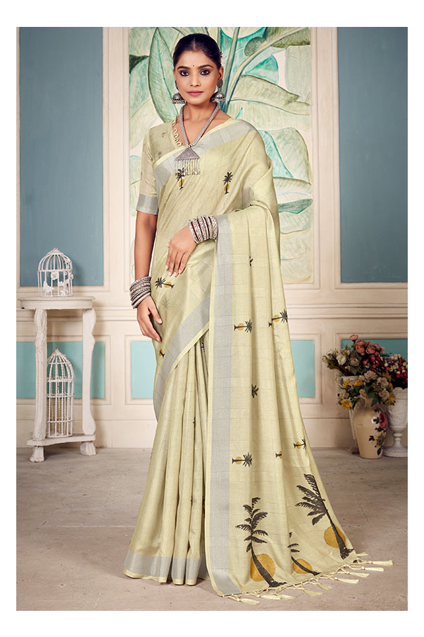 Fashion Blouses Cream Organza Plain Saree|SARV128857