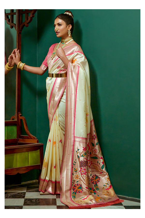 Best Trend Designer Cream Color Latest Blouse Design Silk Saree