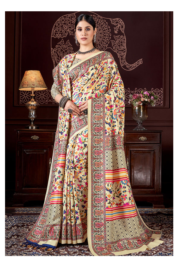 Cream Pashmina Winter Special Saree with Shawl