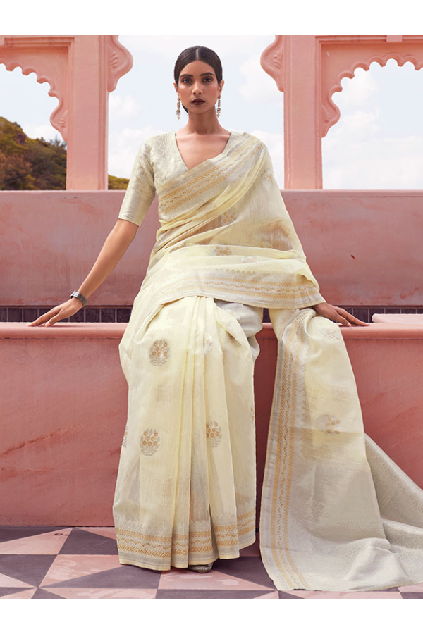 Cream Zari Woven Linen Silk Saree With Matching Blouse – Bahuji - Online  Fashion & Lifestyle Store