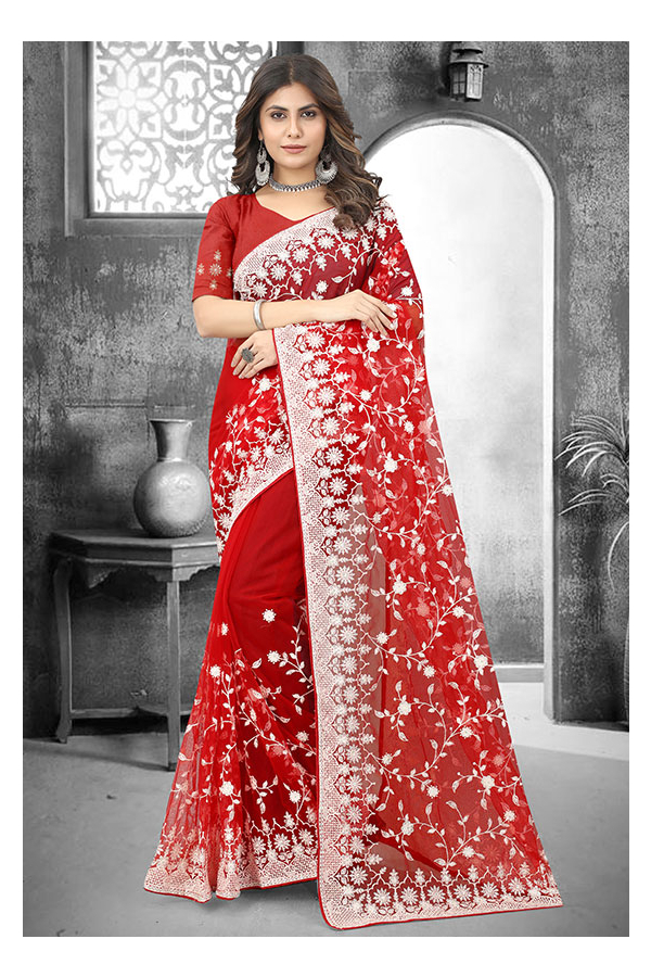 Crimson Red Foil Print Silk Saree - SA406806 | Silk sarees, Art silk sarees,  Indian designer sarees