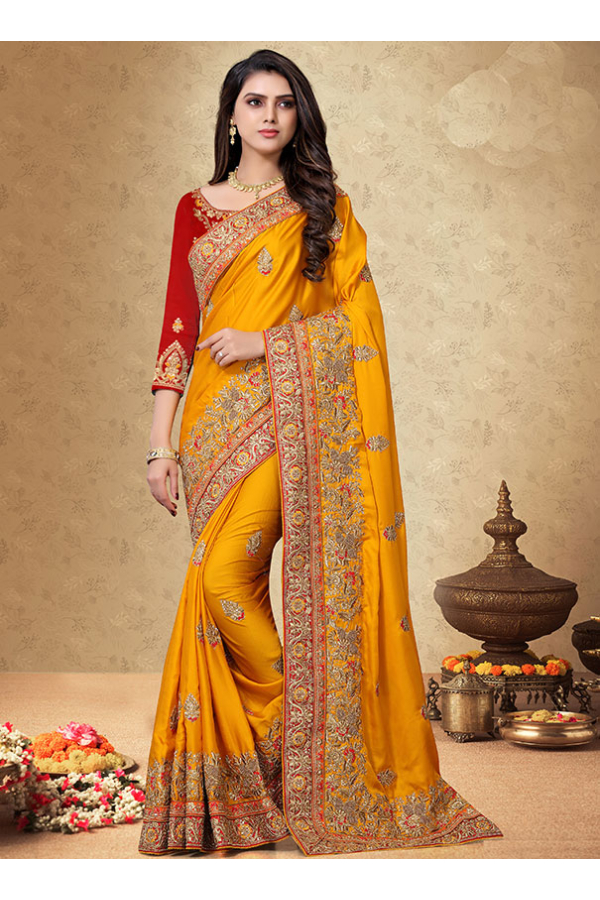 Mustard Yellow Woven Traditional Silk Saree With Heavy Embroidered