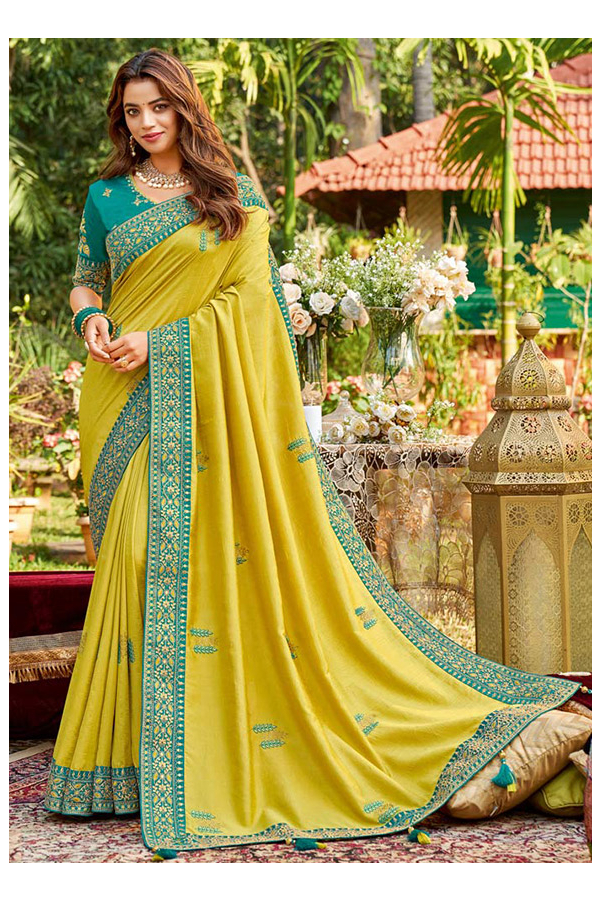 Lime Yellow Jacquard Work Soft Lichi Silk Saree