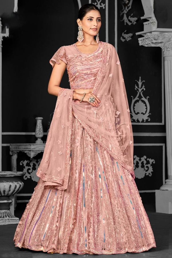 Silk Peach Dress Material With Floral Work Dupatta