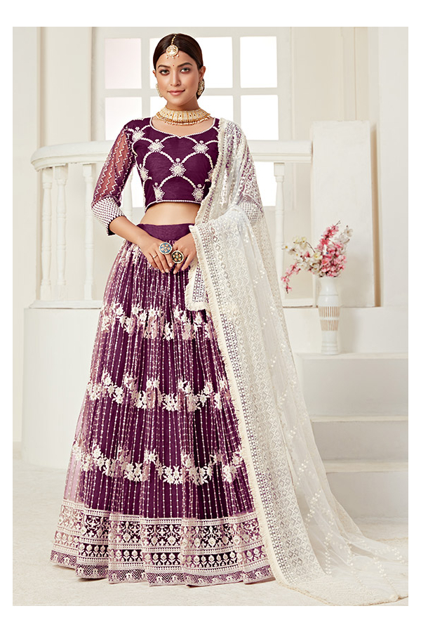 Bridal Silk Lehenga In Wine Color With Contrast Peach Dupatta Heavily  Embellished In Moti, Salli, Sequins And Zardosi - Aara Couture