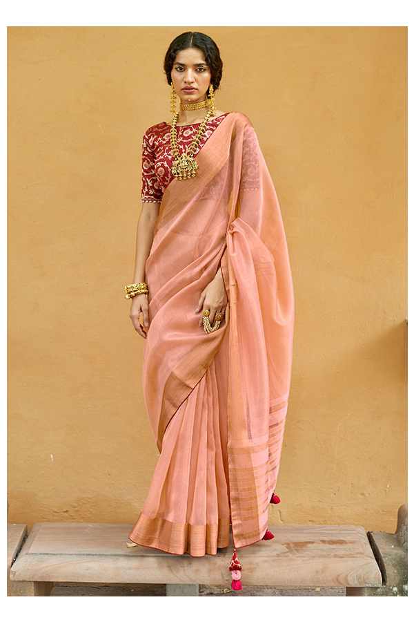 PEACH HANDPAINTED ORGANZA SAREE – House Of Jamoti