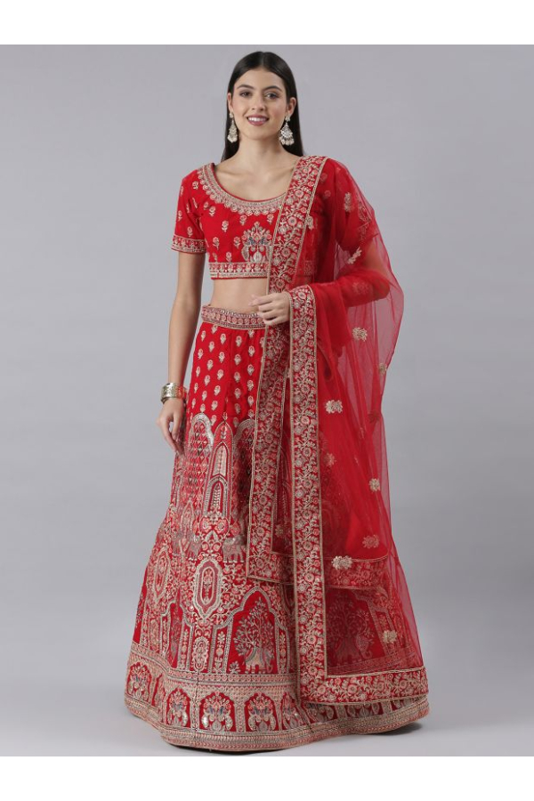 Red Bridal Lehenga In Velvet With Heavy Embroidered Work