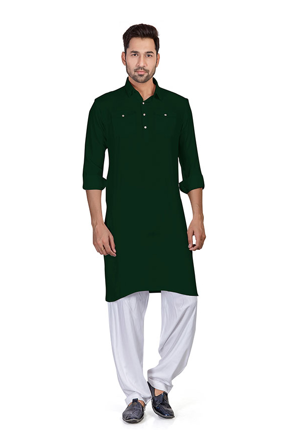 Forest Green Cotton Pathani Kurta Set