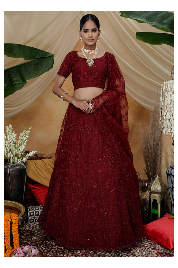 Maroon Embroidered Silk Semi Stitched Wedding Bridal Heavy Lehenga Choli  With Dupatta - Tulsi Art - 3193996