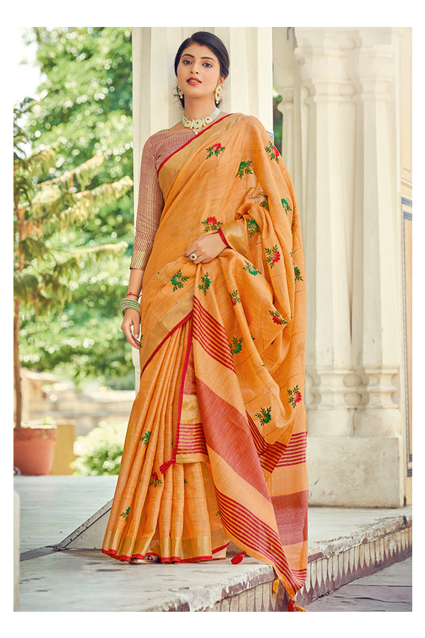 Buy Golden Tissue Linen Saree at Amazon.in