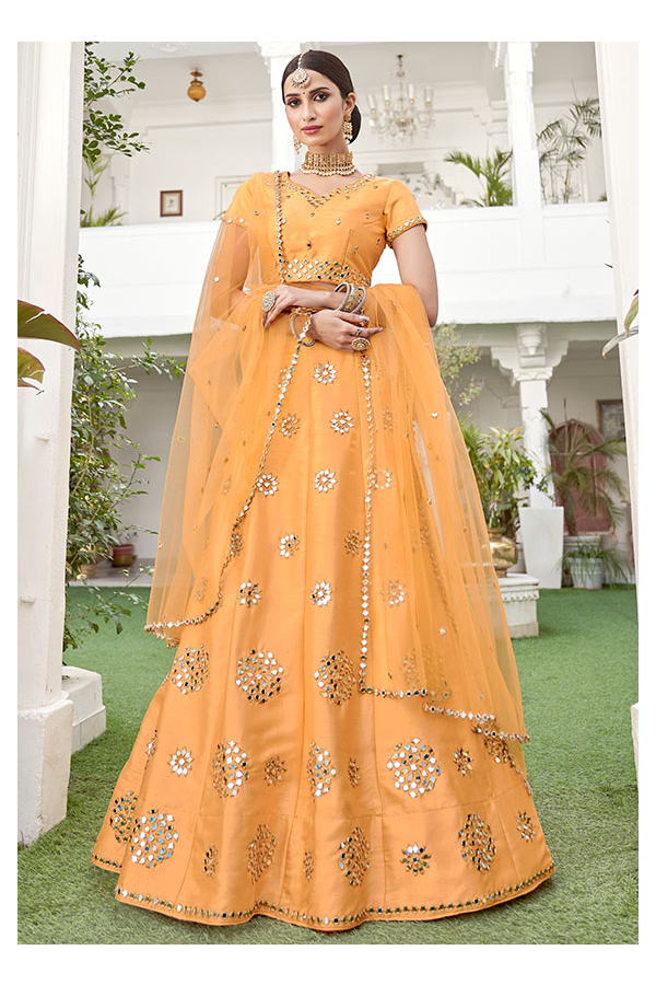 Buy Yellow Embroidered Bridal Lehenga And Blouse Set With Mirror Work
