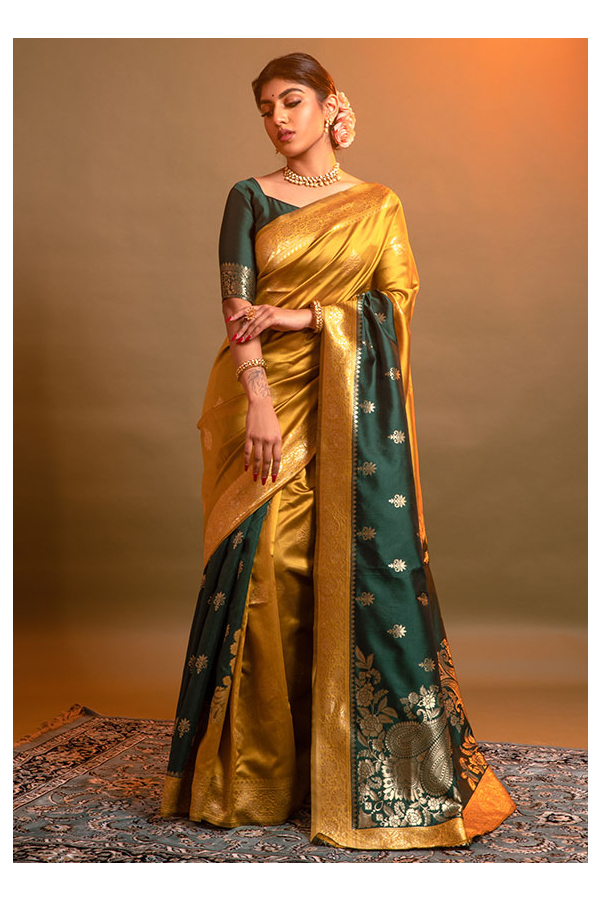 Bottle Green Banarasi Handloom Soft Silk Saree - Aura Benaras