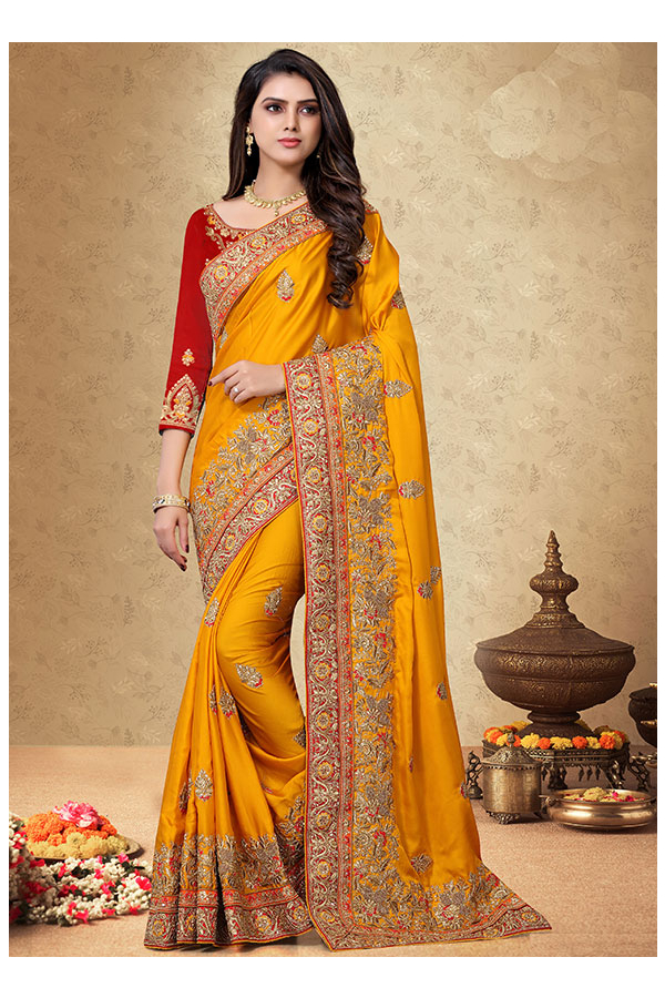 Fuel Yellow Designer Banarasi Woven Silk Saree – MySilkLove