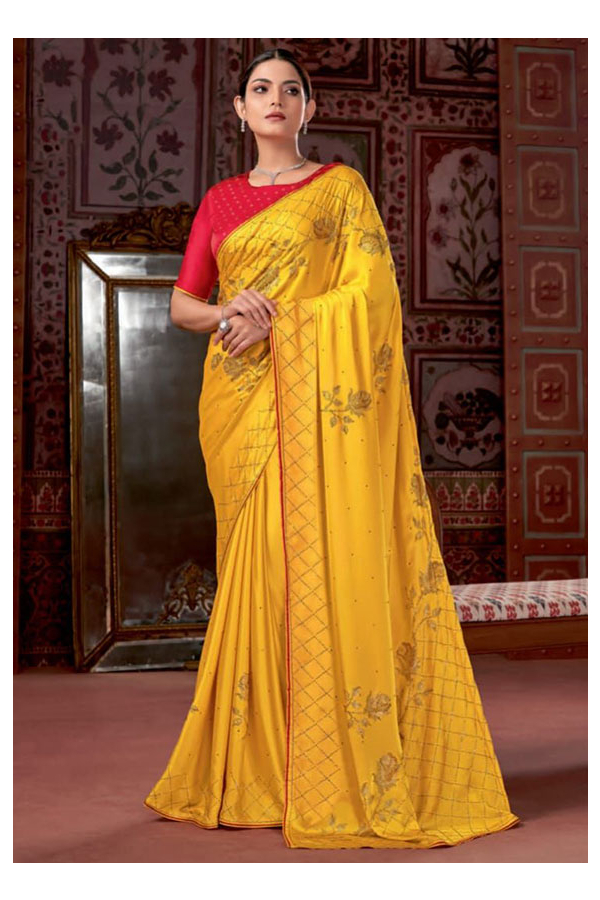 Shop Yellow Heavy Embroidery Velvet Saree Blouse Online in USA – Pure  Elegance