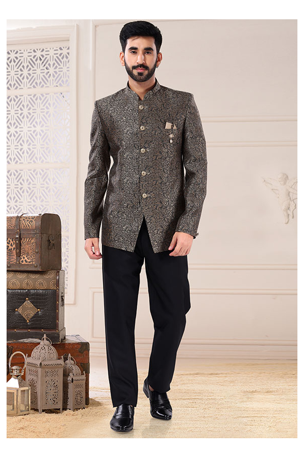 Grey Jacquard Jodhpuri Suit