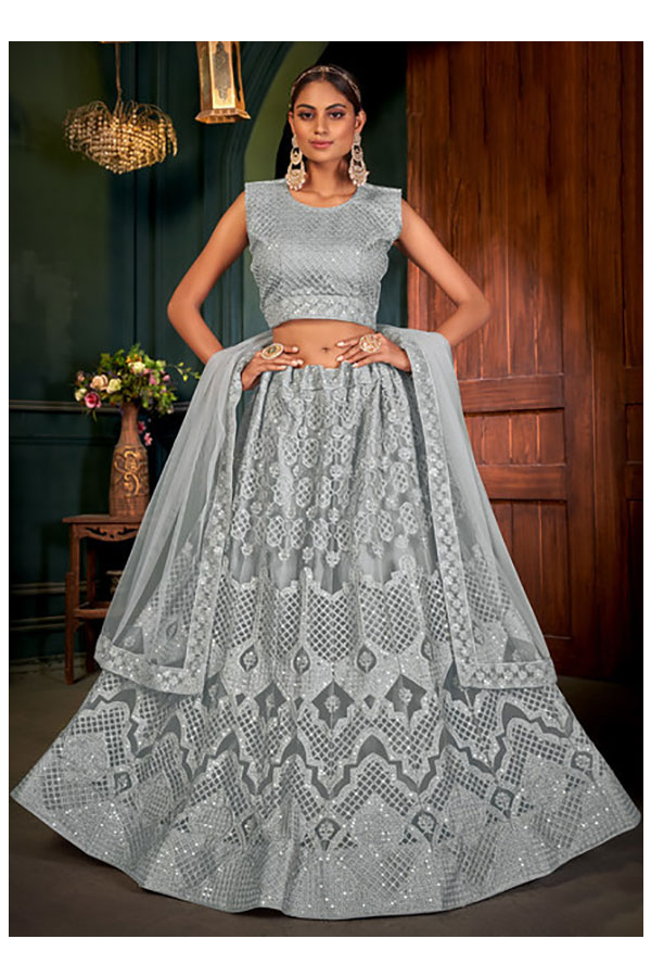 Net Fabric Wedding Wear Grey Color Sequins Work Lehenga Choli