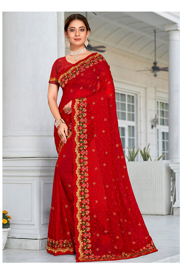 Red Georgette Saree With Embroidered Heavy Blouse