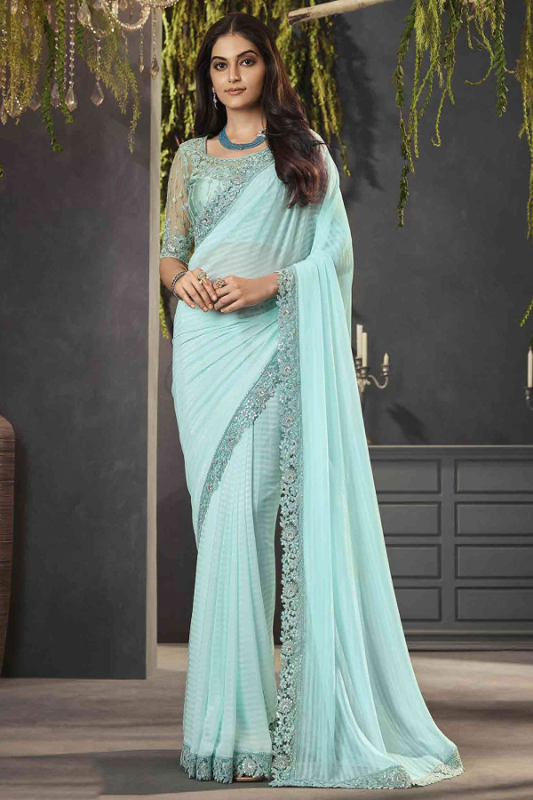 Grey ombre shaded shimmer georgette saree with zari buttis and pearl a