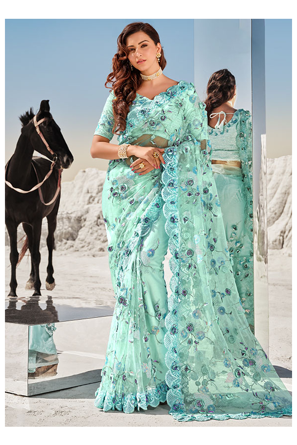 Devnaagri - Ice Blue Embroidered Shimmer Organza Saree