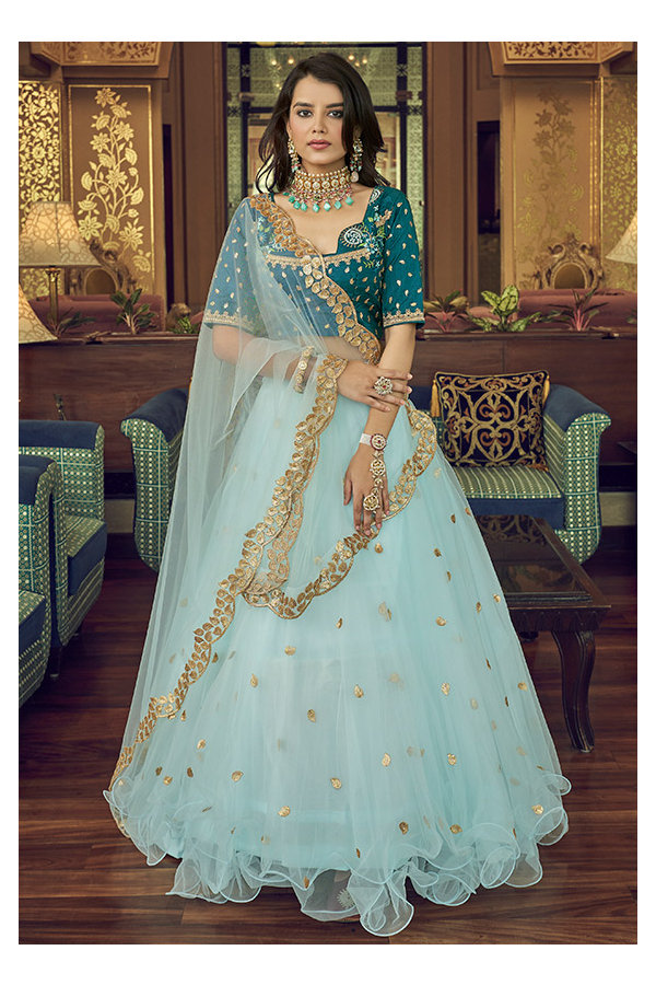 Ice Blue Net Designer Lehenga Choli