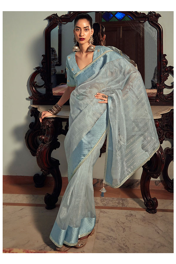 Soft Blue Digital Floral Print Organza Saree