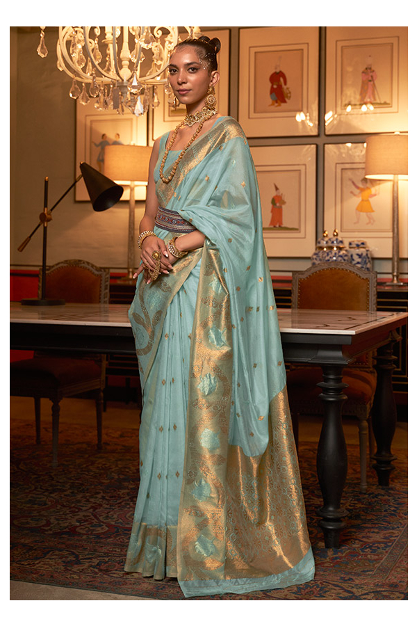 Buy Powder Blue Printed Crepe Saree Online in USA| Embroidered Border –  Pure Elegance