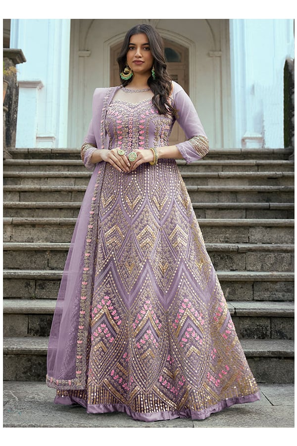 Lilac Embroidered Net Anarkali Suit