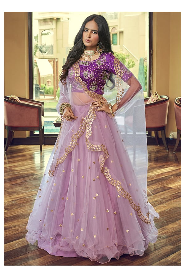 Lilac Pink Net Designer Lehenga Choli