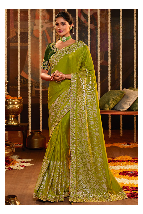 Lime Green Woven Paithani Silk Saree