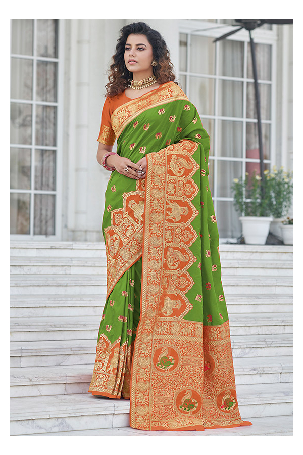 Off White and Lime Green Patola Silk Saree