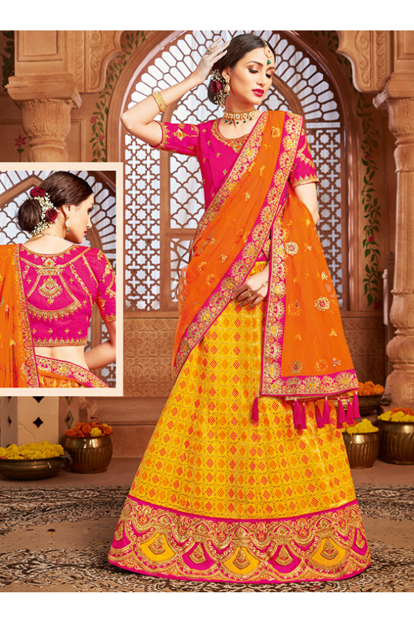 Yellow Designer Embroidered Lehenga Choli In Net Fabric With Alluring
