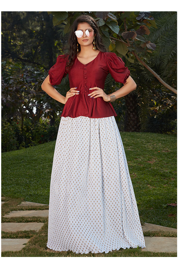 Maroon skirt outlet and white top