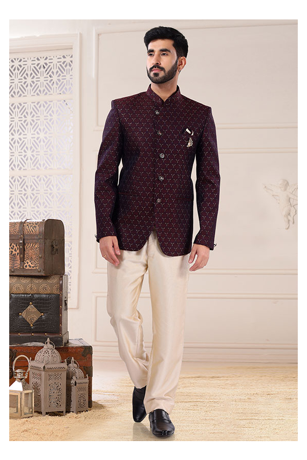 Shop Online Jacquard Jodhpuri Suit with Fancy and Thread Work : 282908 -