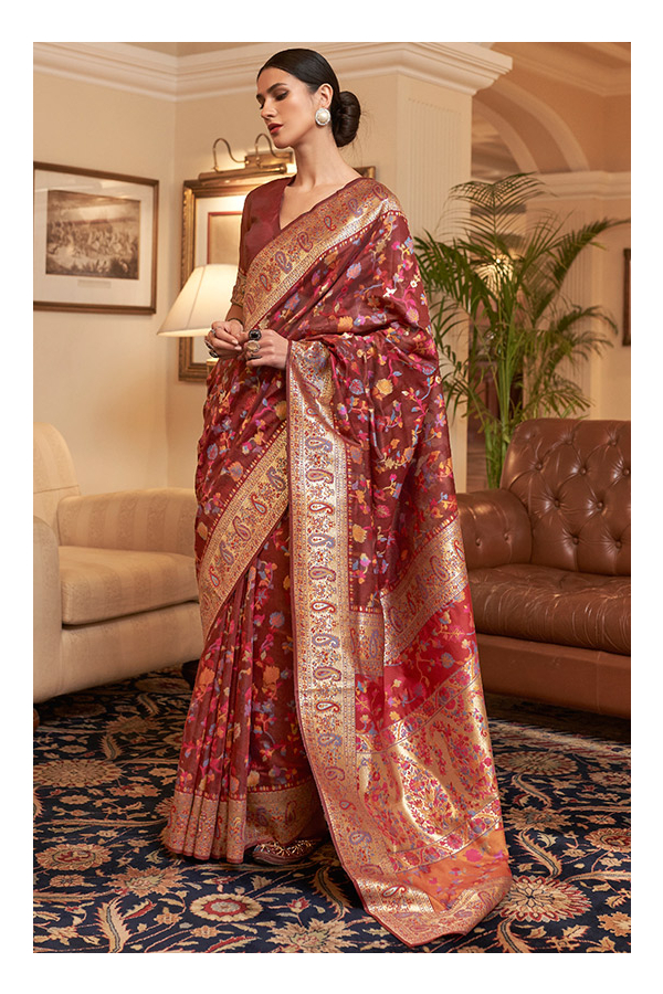 Burgundy Embroidered Silk Saree