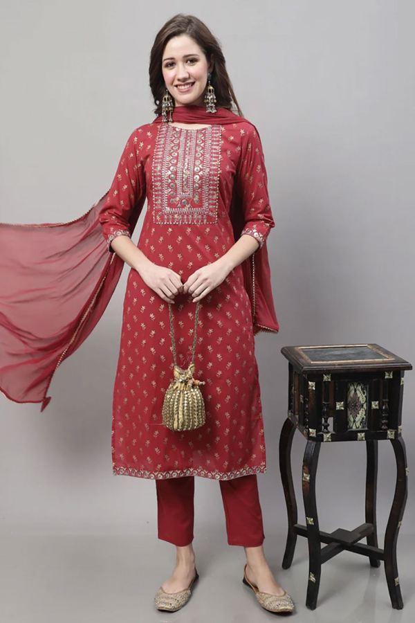 Georgette Fabric Maroon Color Party Wear Salwar Suit With Dazzling Emb