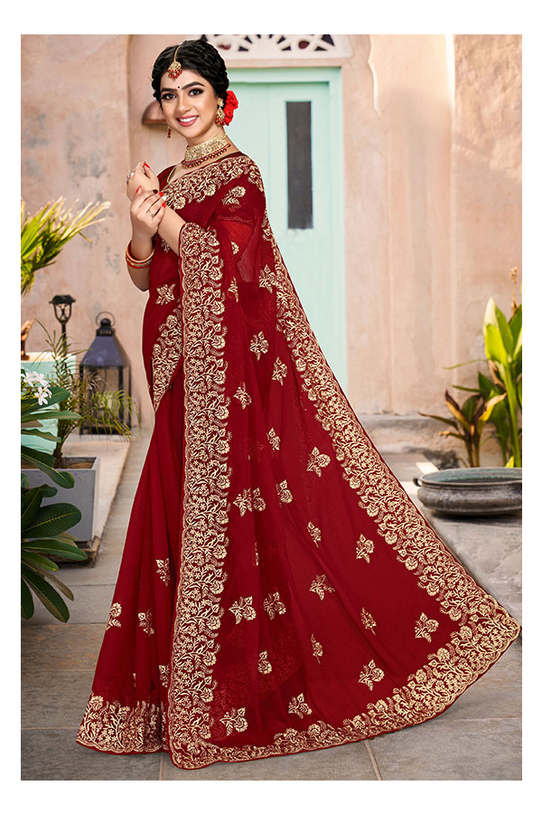 Amazing Golden And Red Designer Saree Online | Bagtesh Fashion